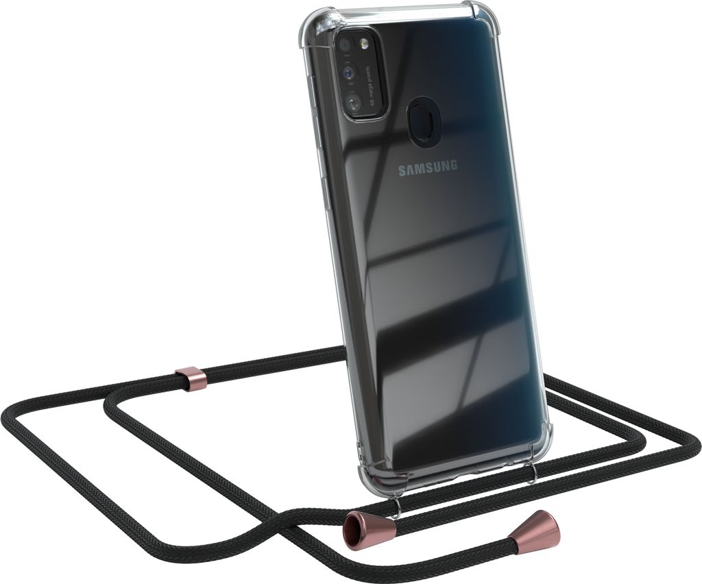 EAZY CASE Handykette kompatibel mit Samsung Galaxy M30s / M21, Handyhülle mit Umhängeband, Handykordel, Schutzhülle Clear, Band in Schwarz
