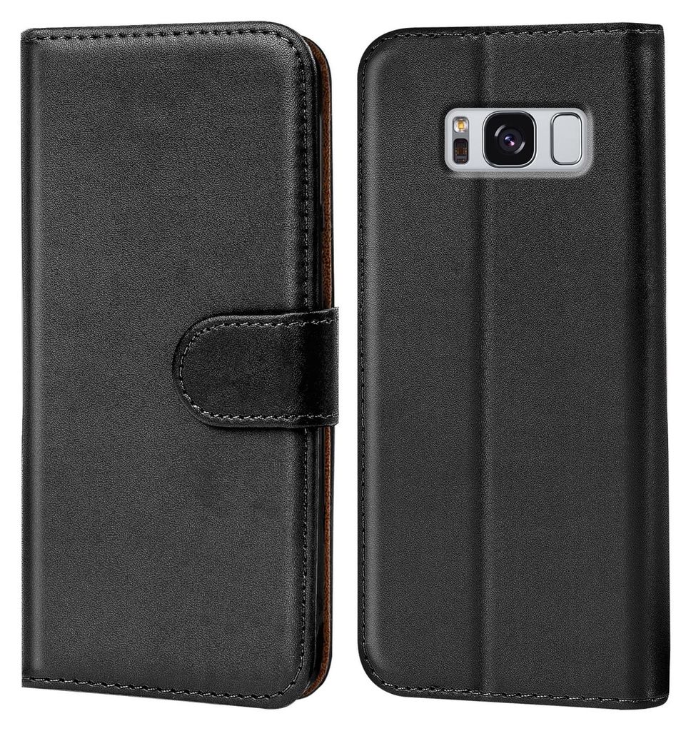 A black flip case for a Samsung Galaxy S8 phone is shown from the front and back.