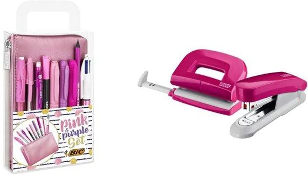 Set de bureau coloré : 9 stylos, crayons et marqueurs rose et violet