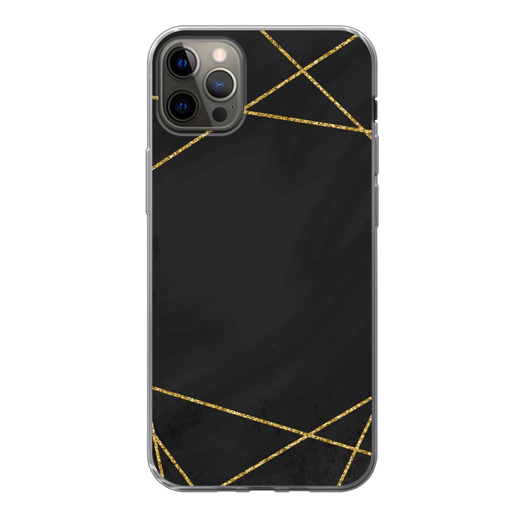 MuchoWow Handyhülle Schutzhülle Hülle für iPhone 13 Pro Max Geometrisches Muster aus goldenen Linien auf schwarzem Hintergrund Silikon Softca...