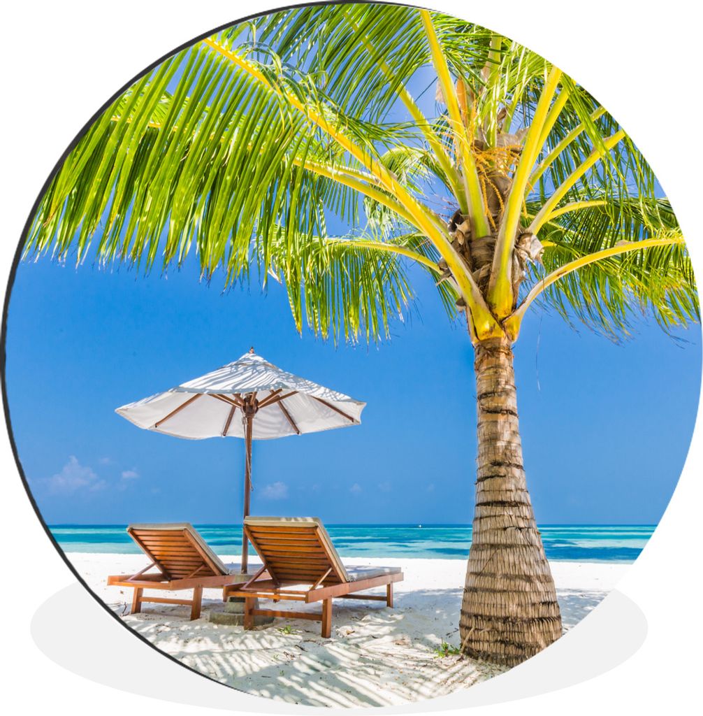 MuchoWow Aluminium Wandkreis Palme - Strandkorb - Sonnenschirm Ø 60 cm Wanddeko Modern Wohnzimmer - Wand Kreis - Wandbild - Schlafzimmer - Alumi...