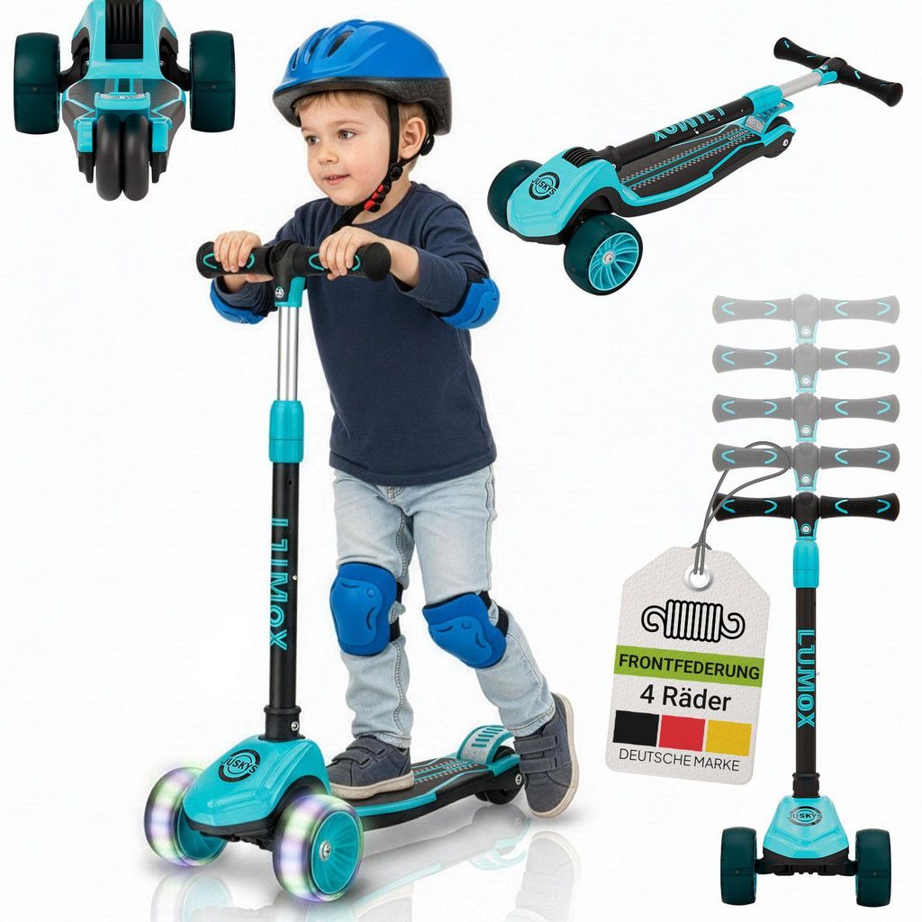 JUSKYS Kinderroller Lumox - Blau, LED Räder, höhenverstellbarer Kinderscooter