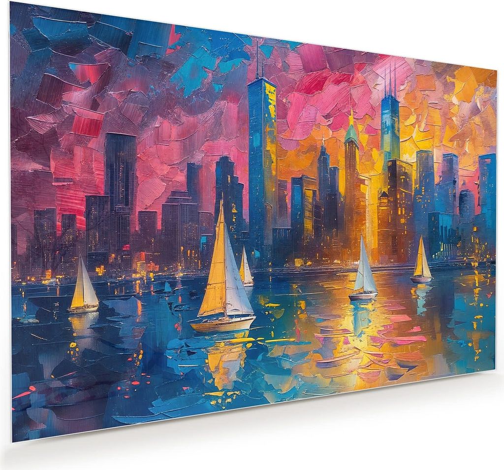 Glasbild 75x50cm in XXL für Wohnzimmer, Schlafzimmer Motiv Hafenstadt Bei Nacht