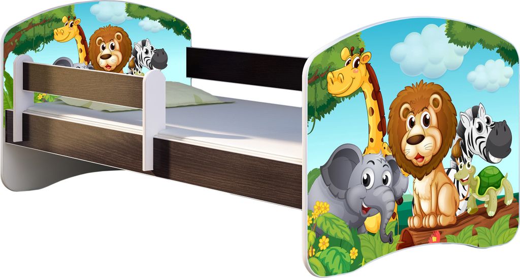 ACMA Jugendbett Kinderbett Junior-Bett Komplett-Set mit Matratze Lattenrost und Rausfallschutz Wenge 02 Animals 160x80