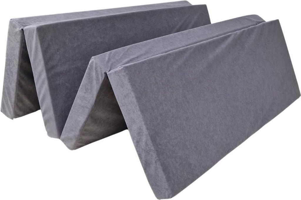 A folded gray mattress.