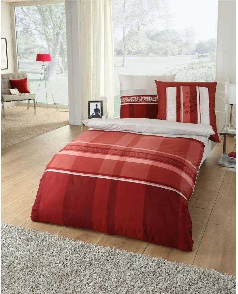 Kaeppel Biber Bettwäsche Etienne 100% Baumwolle Reißverschluss Bettbezug Kissenbezug Bettgarnitur Bettwäsche-Set Bettzeug 135x200 cm Rot