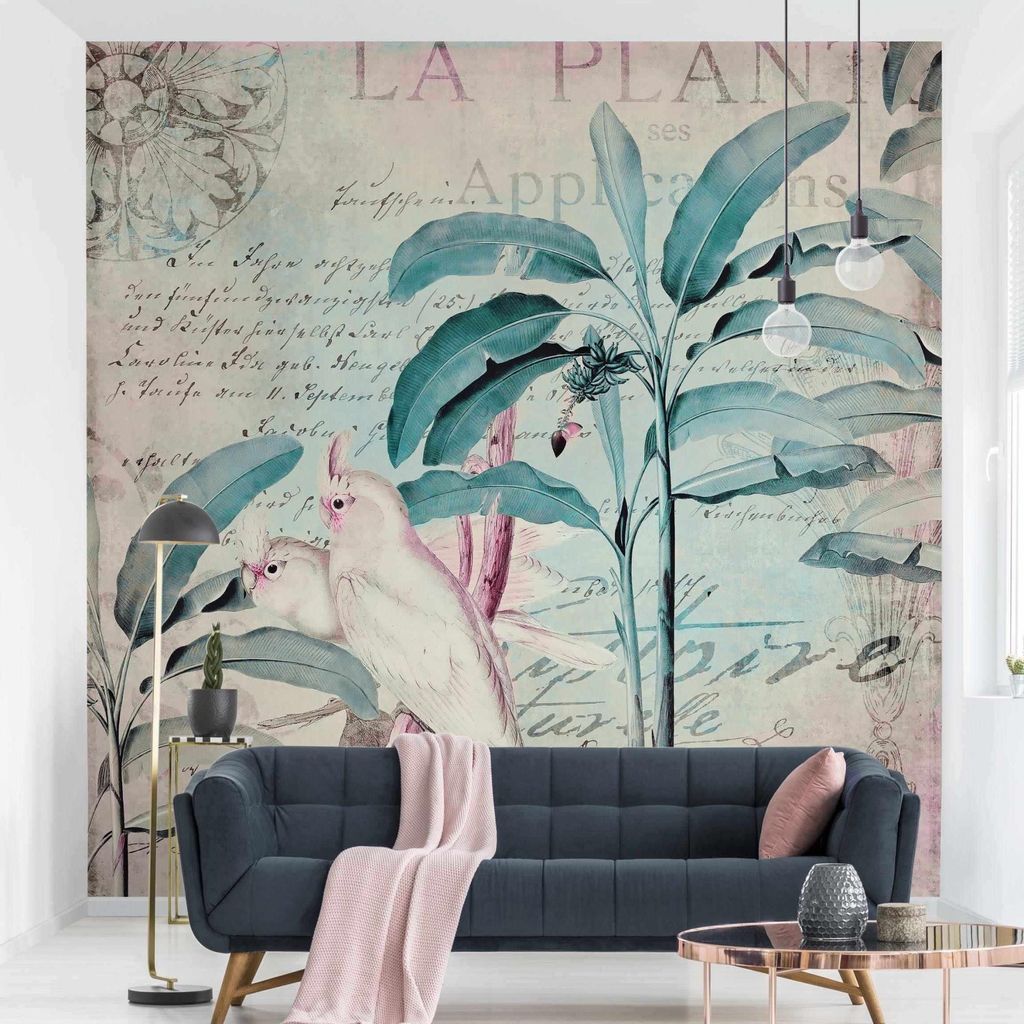 Fototapete Tiere - Vliestapete - Bildtapete UV-beständig Pflanzen türkis Vintage Wandtapete geruchsfrei