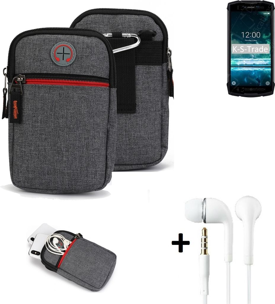 K-S-Trade Gürtel Tasche + Kopfhörer kompatibel mit Doogee S55 Handy Tasche Holster Schutz Hülle Handy Hülle grau Zusatzfächer 1x