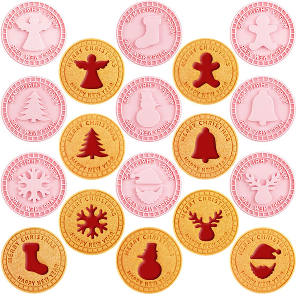 CANDeal 9 Stück Kunststoff-Keksstempel Mit Stempel Zum Backen Zu Hause, 3D-Weihnachtsmünzen-Ausstechformen, Weihnachtsbaumsocke, Schneemann, Züg...