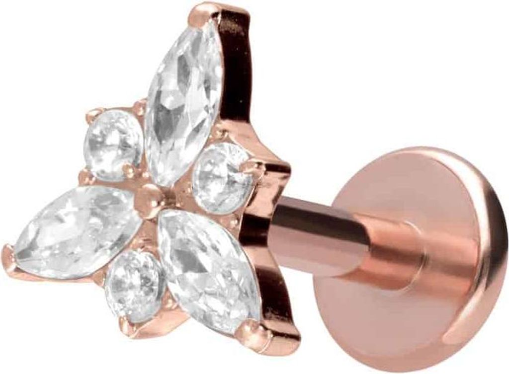Ohrpiercing, Nasenpiercing Titan Labret mit Innengewinde KRISTALLBLÜTE RoséGold Stablänge: 5mm | Stabstärke: 1,2mm