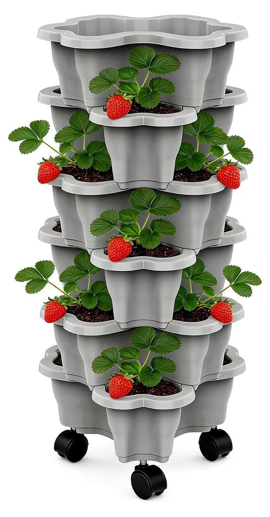 Pflanzturm Mit Stapelbaren Töpfen Und Rollen - 6 Etagen Vertikaler Garten Turm Für Erdbeeren, Kräuter & Mehr | Platzsparende Lösung Für Innenh...
