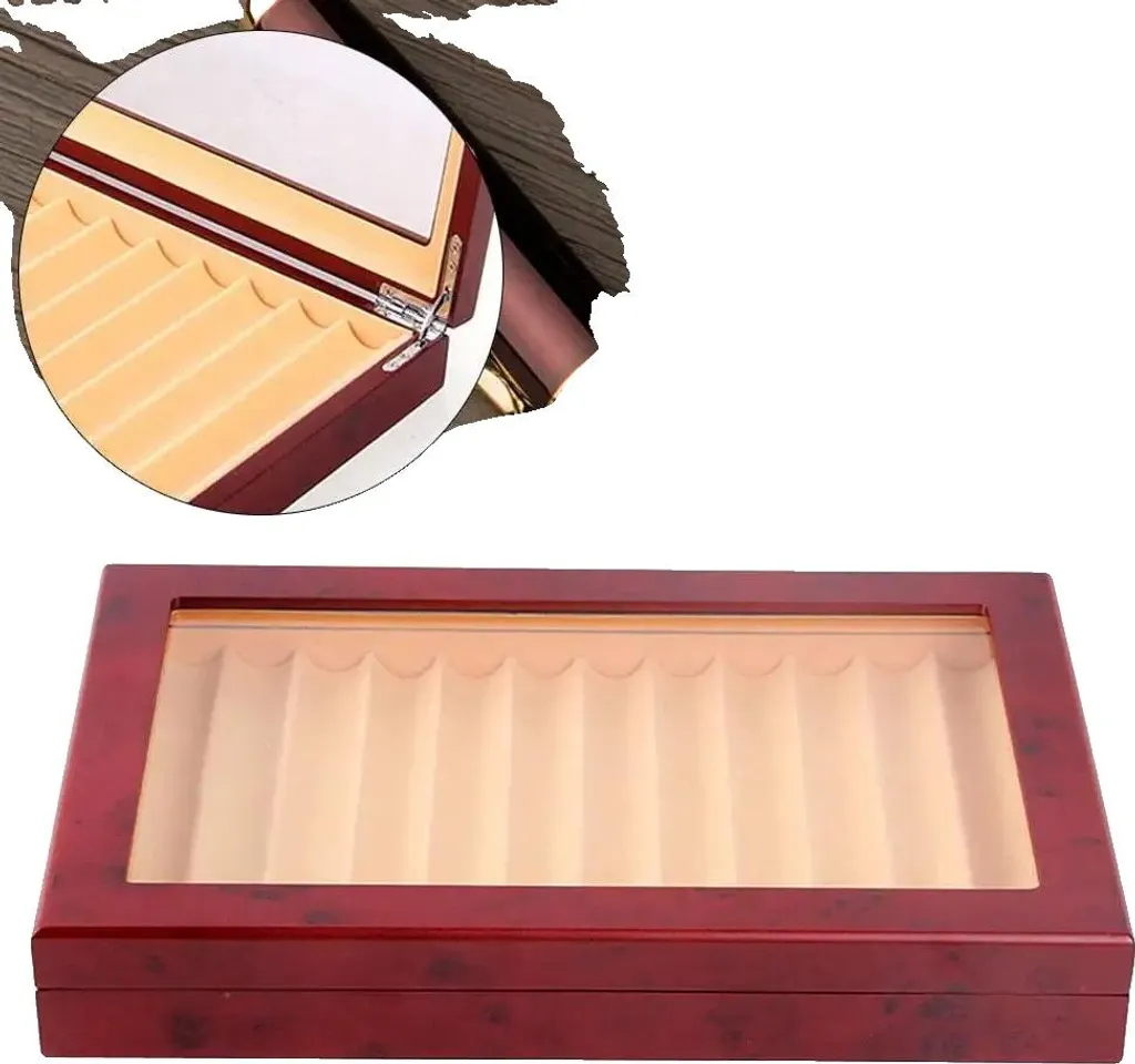 Présentoir stylos plume bois massif rouge foncé, vitrine verre 12 unités