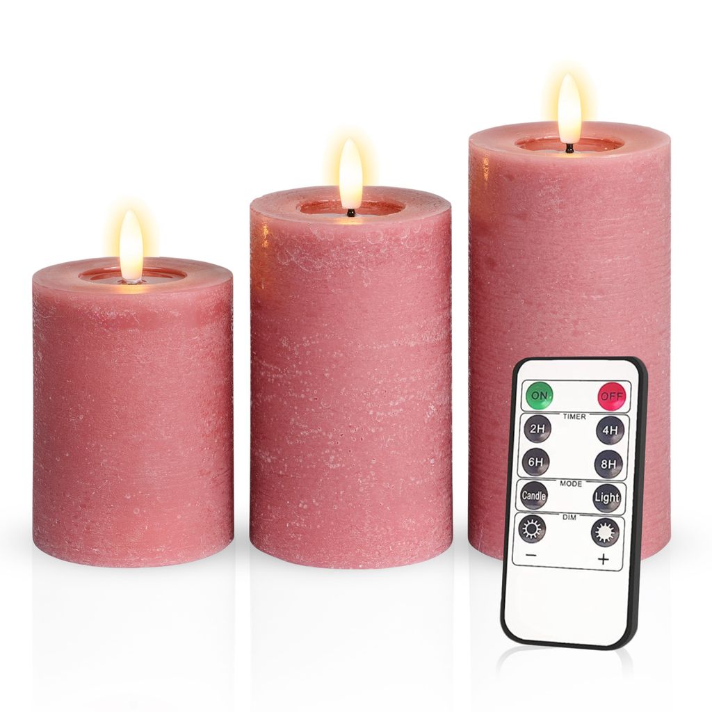 Meisterhome 3er-Set Flammenlose LED Kerzen Rustik mit Timer Altrosa Stumpenkerze Fernbedienung Batteriebetrieben Warmweiß echten Wachs Dekoration