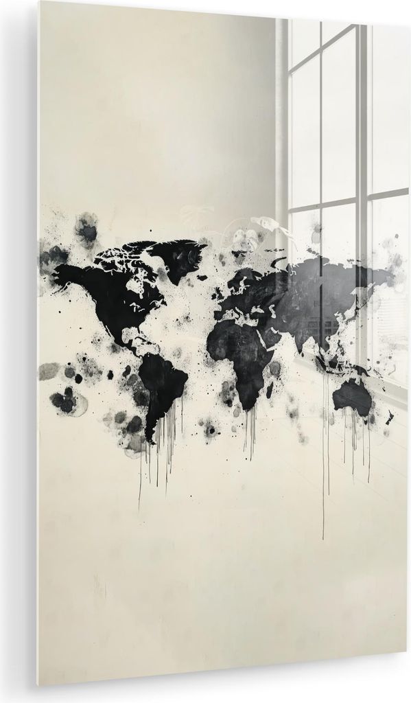 MuchoWow Glasbilder - Bilder auf Wandbild - Foto auf Glas Weltkarte - Schwarz - Tinte 80x120 cm Wanddekoration aus Glas - Acrylglasbild - Acrylbild...