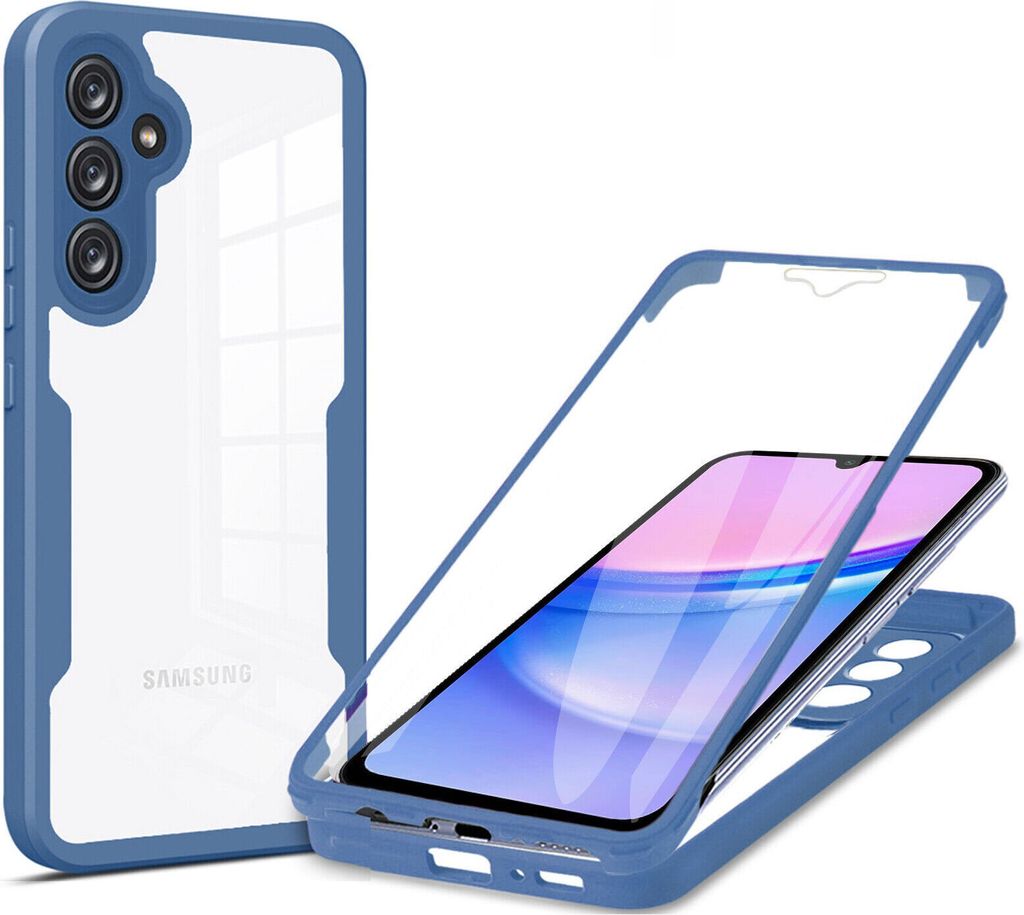 A blue and transparent phone case is shown, with a phone inside the case, on a white background.