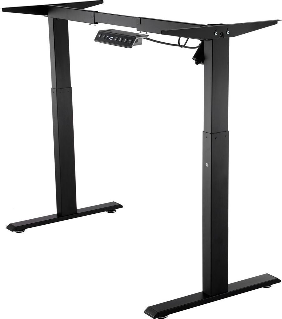 A black adjustable standing desk frame shown against a white background.