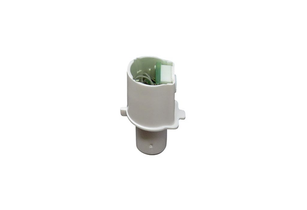 A white electronic component with some internal wiring and a green circuit board is shown against a white background.
