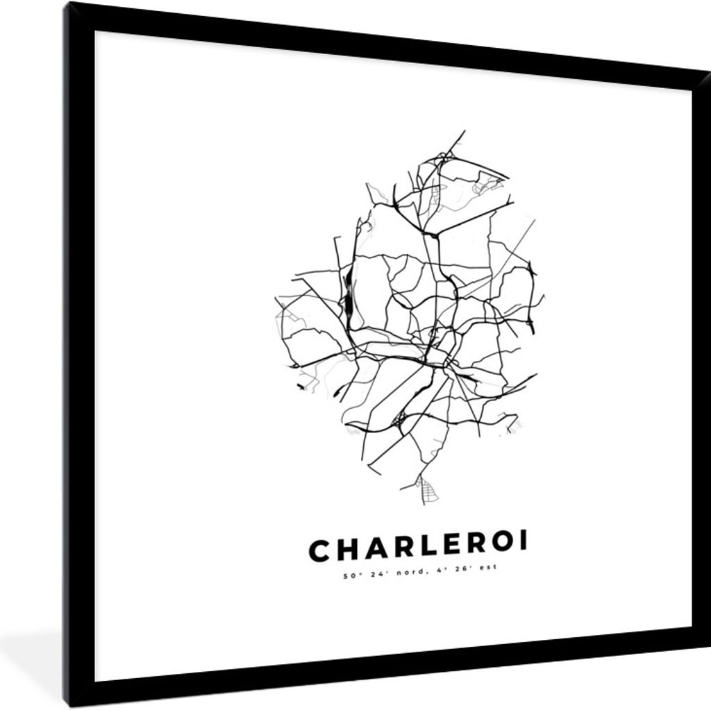MuchoWow Gerahmtes Poster Stadtplan - Schwarz und weiß - Karte - Charleroi - Belgien - Karte 40x40 cm - Poster mit Schwarzem Bilderrahmen Wandpo...