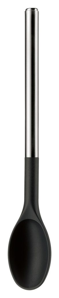A cooking spoon with a silver handle and a black spoon head, isolated on a white background.