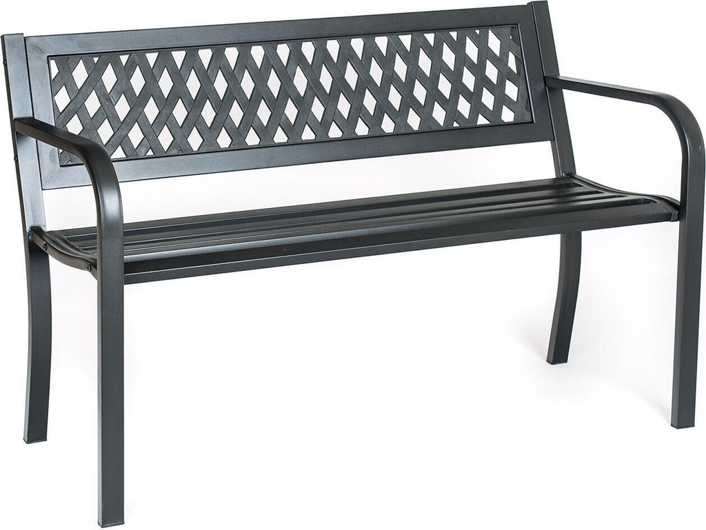 A black metal garden bench with a diamond pattern on the backrest, shown against a white background.