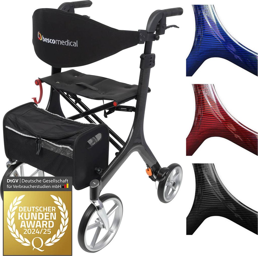 Bescomedical Leichtgewicht-Rollator Carbon - Graphitgrau - Modell S - faltbare Gehhilfe mit Rückengurt, Netztasche und Stockhalter