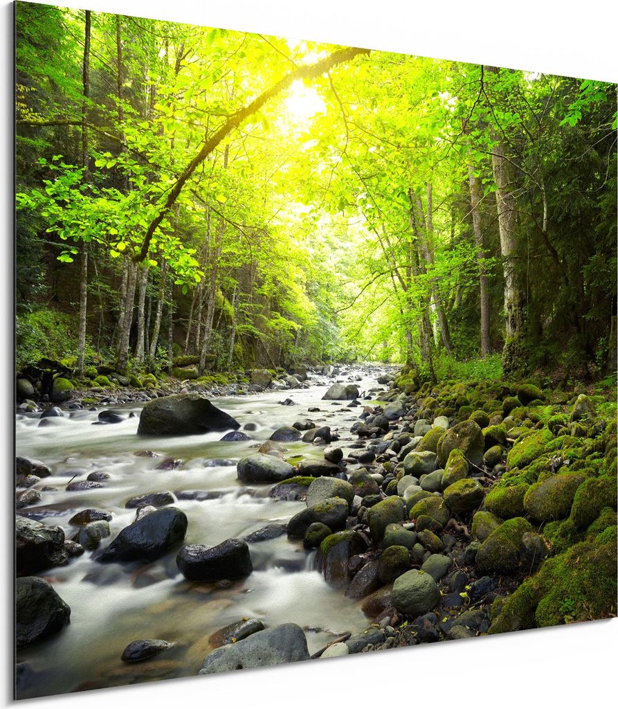 DEQORI Alu-Dibond Bild Weiß 80x60 cm 'Steiniges Flussbett' Wandbild Metall dünn Design