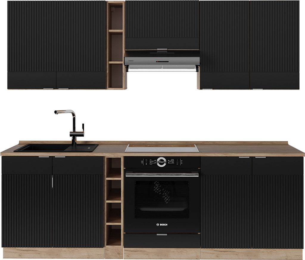 Küchenzeile Vicco Fame-Line Schwarz gestreift/Goldkraft Eiche 235 cm , AP Eiche, Model 51041