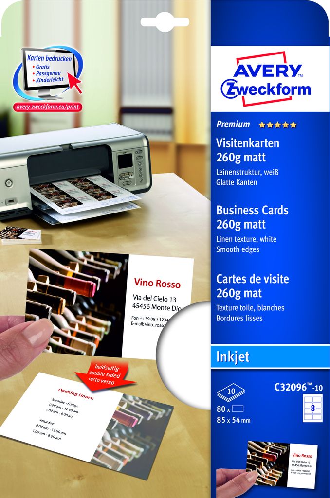 Avery Zweckform C32096-10 Premium Visitenkarten, 85 x 54 mm, Inkjet-Spezialbesch. beidseitig - Leinenstruktur, 10 Blatt