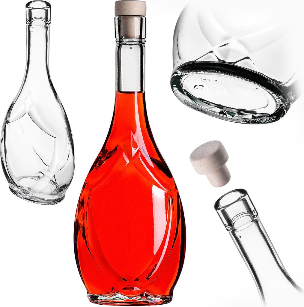 A collage of glass bottles, one filled with red liquid and corked, another empty, and close-ups of the bottle base and cork.