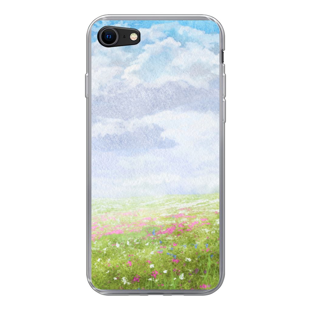 MuchoWow Handyhülle Schutzhülle Hülle für iPhone SE 2020 Aquarell - Blumen - Landschaft Silikon Softcase Handy Hülle - Kartenbesitzer