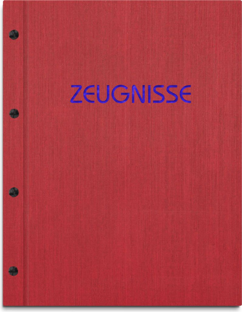 Zeugnismappe im roten Einband in Leinenoptik, mit hochwertigem Prägedruck in blau – handgefertigte Mappe für Zeugnisse inkl. 12 Sichthüllen