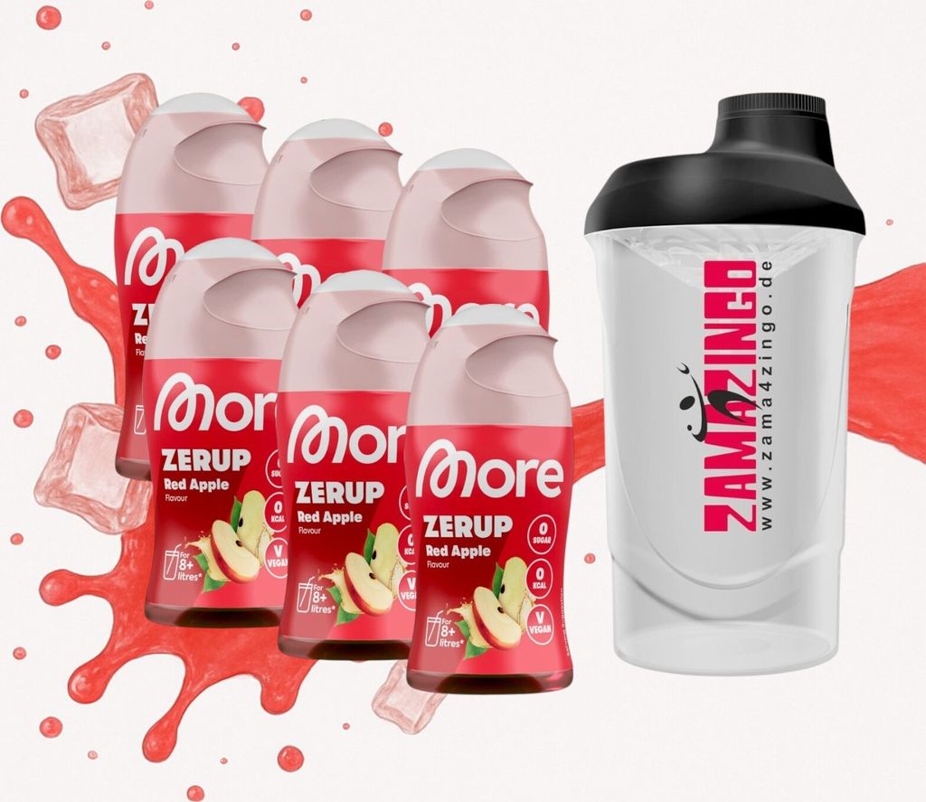 More Zerup Red Apple Zuckerfreier Sirup 65 ml (6er Pack) + Gratis Zama4Zingo Shaker 600ml