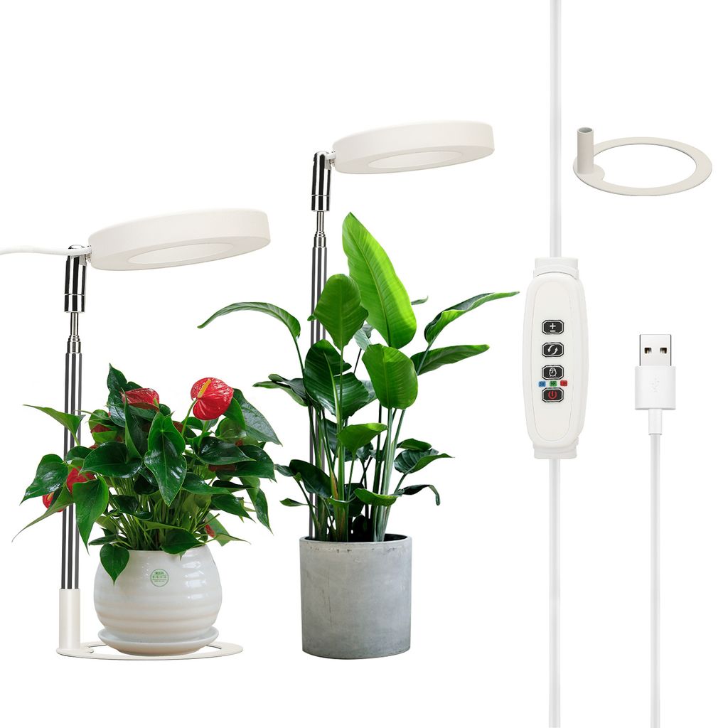Two potted plants are illuminated by ring-shaped LED grow lights. A USB cable with a control unit is also visible.
