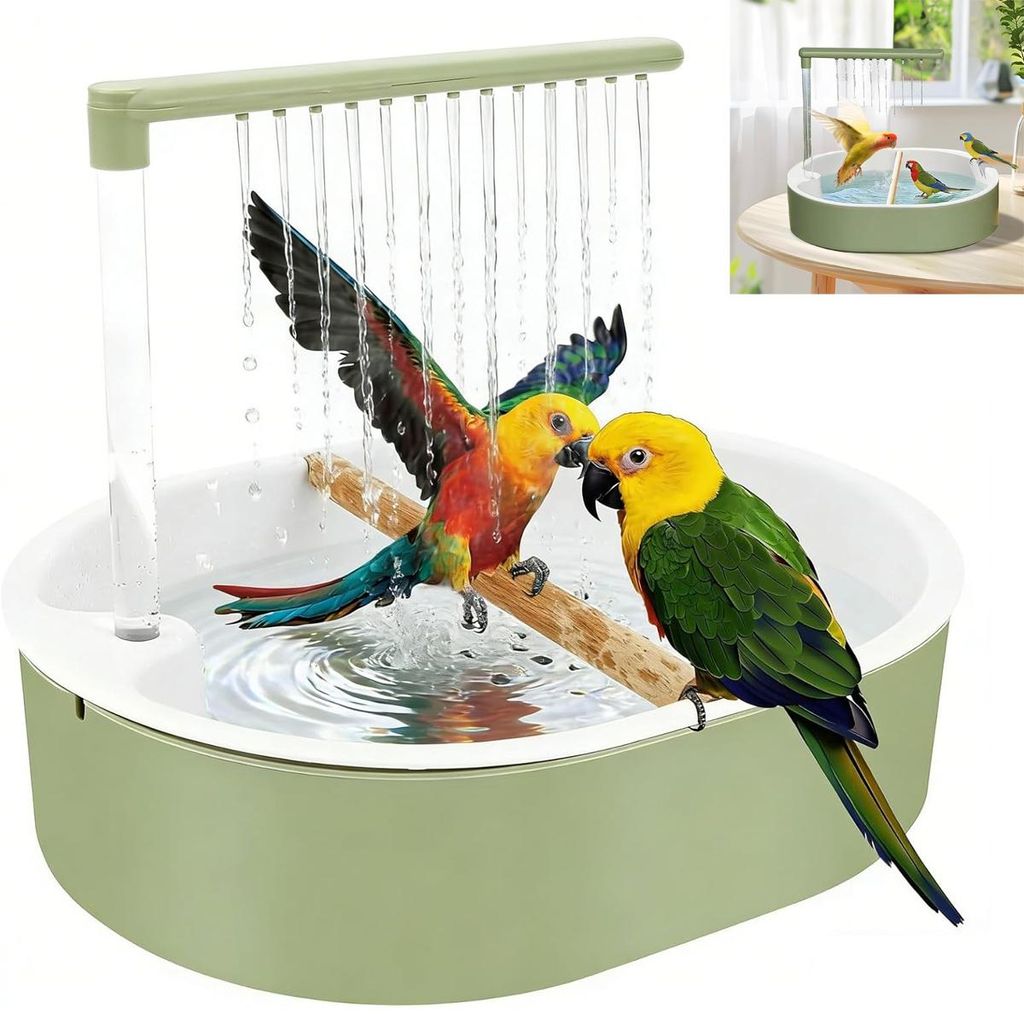 Vogelbad mit Pumpe 32x26cm Bird Bath für Käfig USB Wasserzirkulation Badebecken für Wellensittich Nymphensittich Papagei PP Kunststoff Grün
