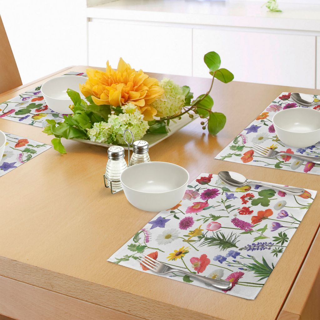ABAKUHAUS Blume Platzmatten, Arten der Blumen klare farbige Rosen-Tulpe-Gänseblümchen-Hortensien-Flieder-Grafik-Druck, Tiscjdeco aus Farbfesten S...