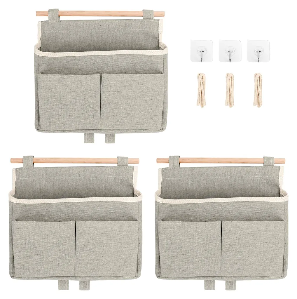 Rangement à suspendre en tissu gris avec 3 poches murales gain de place