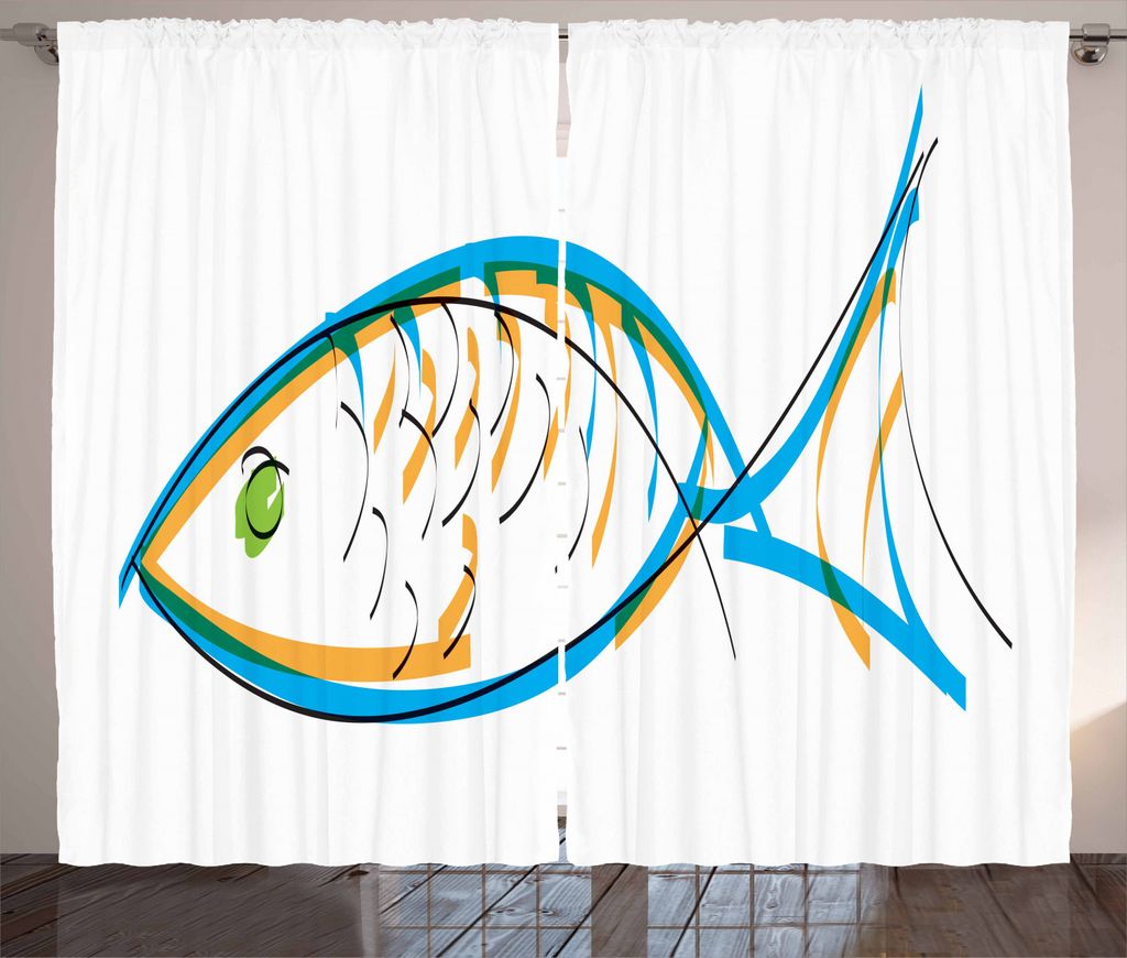 ABAKUHAUS Fisch Rustikaler Gardine, Aquarium Tier Zeichnung, Schlafzimmer Kräuselband Vorhang mit Schlaufen und Haken, 280 x 225 cm, Orange Grün ...