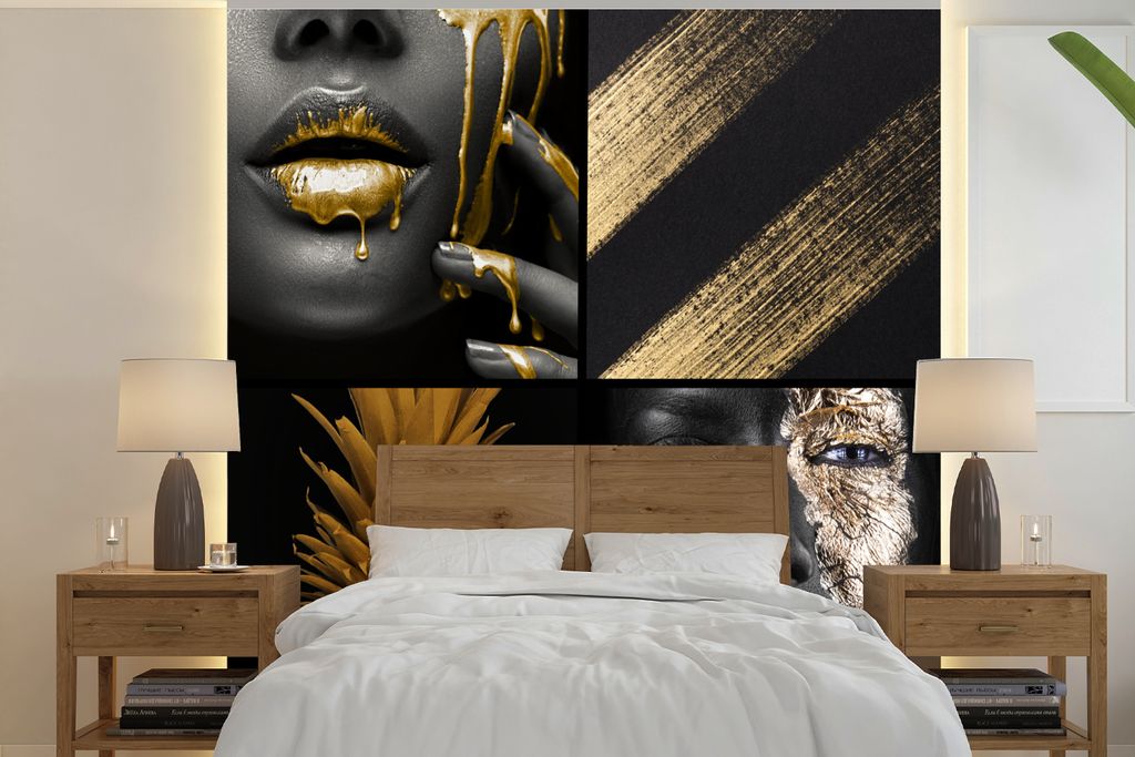 MuchoWow Fototapete für Wohnzimmer oder Schlafzimmer Wandtapete Vinyl Motivtapete Collage - Farbe - Gold - Frauen - 240x240 cm - Schlafzimmer-Ta...