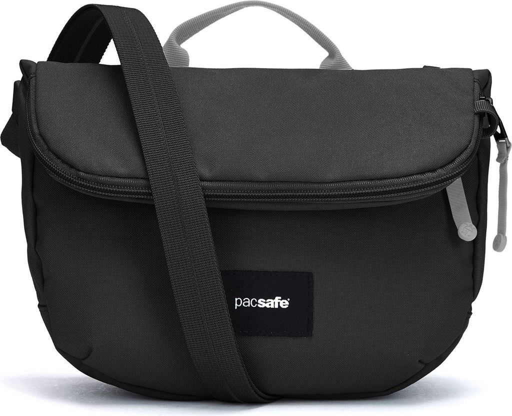 A black Pacsafe bodybag with a gray strap and handle, shown against a white background.