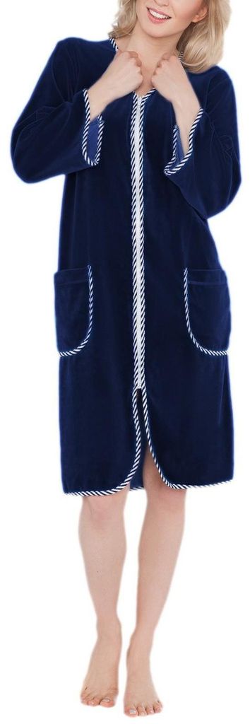 Aquarti Damen Velours Bademantel Morgenmantel Kurz mit Reißverschluss, Farbe: Dunkelblau, Größe: 6XL