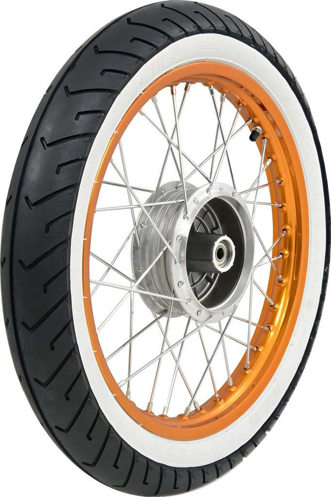 Komplettrad hinten 1,5x16" Alufelge orange + Edelstahlspeichen + Weißwandreifen Mitas MC2