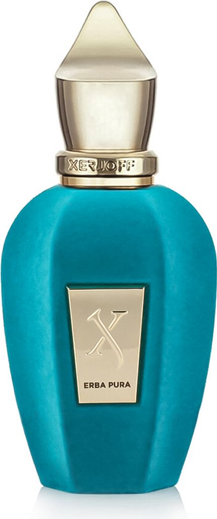 A studio shot of a turquoise perfume bottle with a gold cap and label.