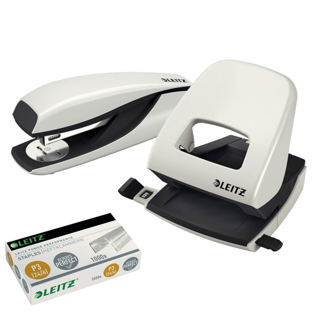 Locher Leitz 5008 + Hefter 5502 NeXXt, Metall, + 1000 Heftklammern 24/6, Kombi-Set , Farbe:grau
