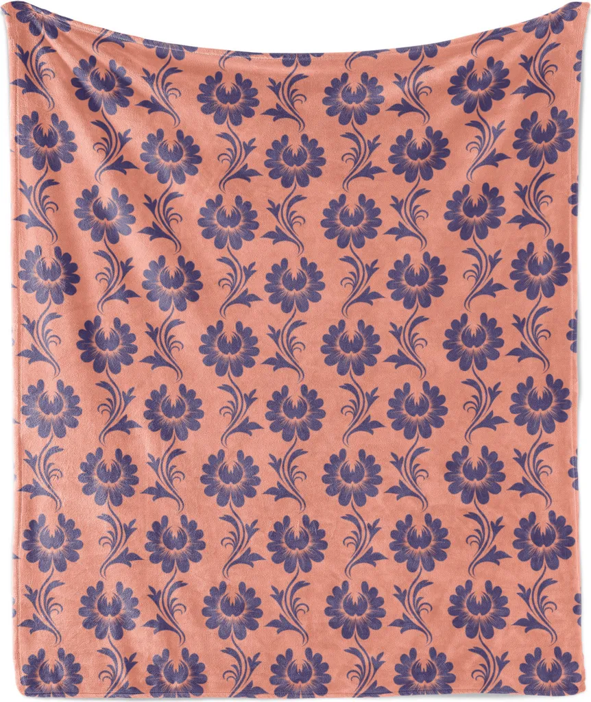 ABAKUHAUS Coperta in morbido pile di flanella con motivi floreali, composizione di boccioli di fiori su rami su sfondo color pesca, 175 x 230 cm, indaco scuro e salmone