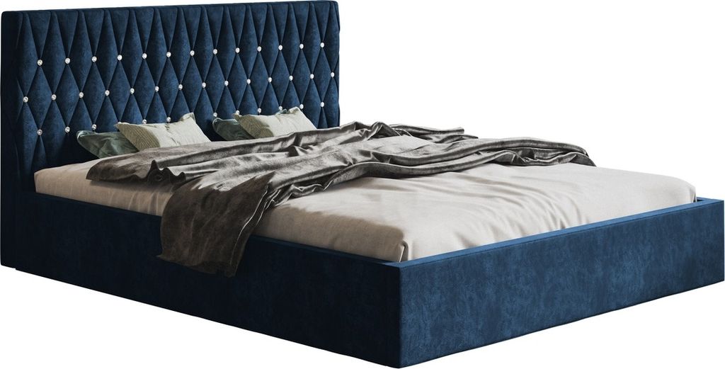 Doppelbett 160x200 cm Crystal - Schlafzimmer Polsterbett mit Lattenrost, Bettkasten - Kopfteil mit Knöpfen, Samt Dunkelblau