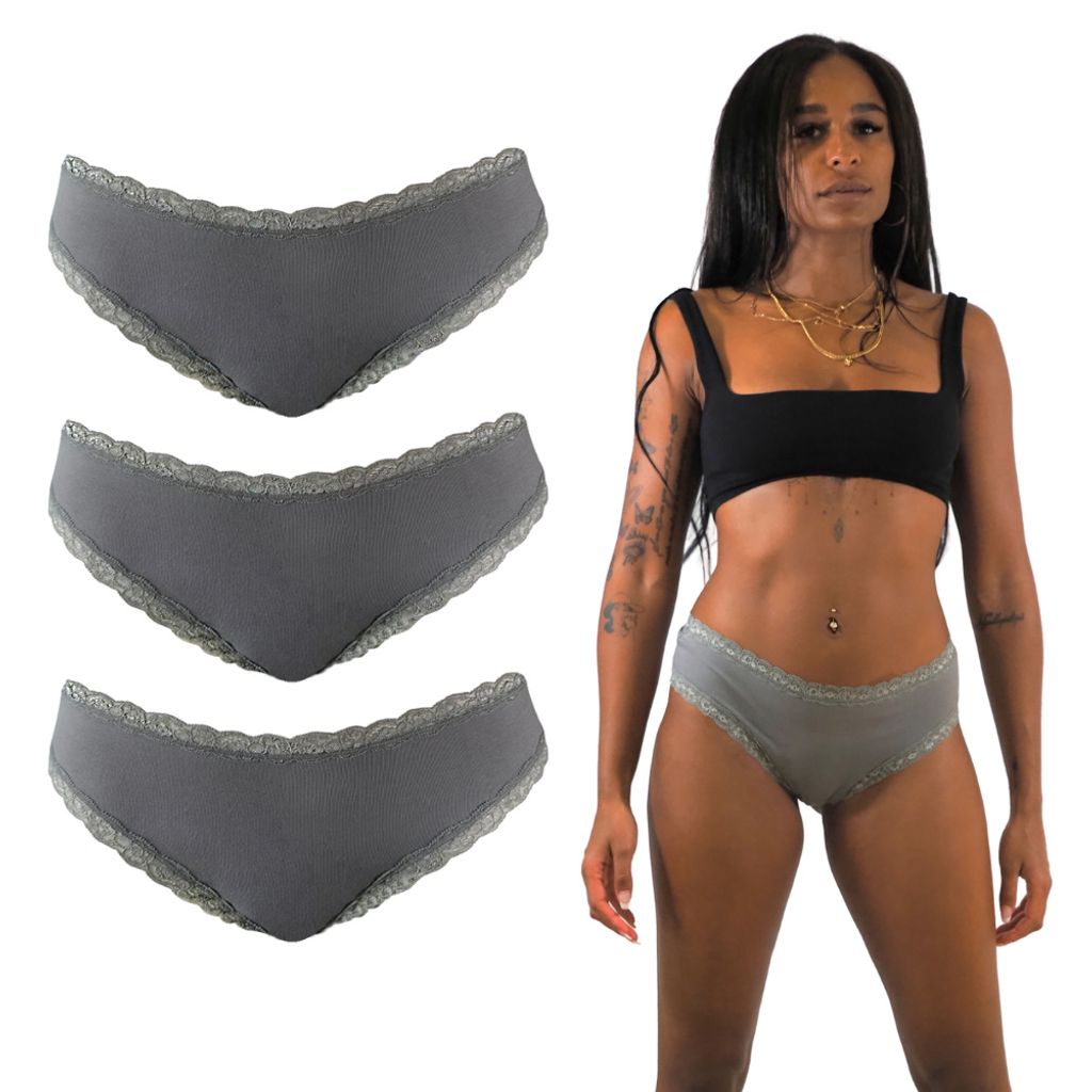 Benonetti Brazilian Damen Slips mit zarter Spitze – sinnlich, weich & bequem (3er Set, Grau, L)