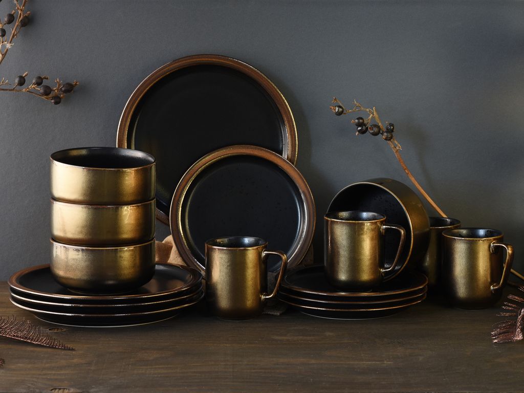 Servizio Posate Modern Industrial - 16 Pezzi Nero Oro - Stile Industriale Per Tavola