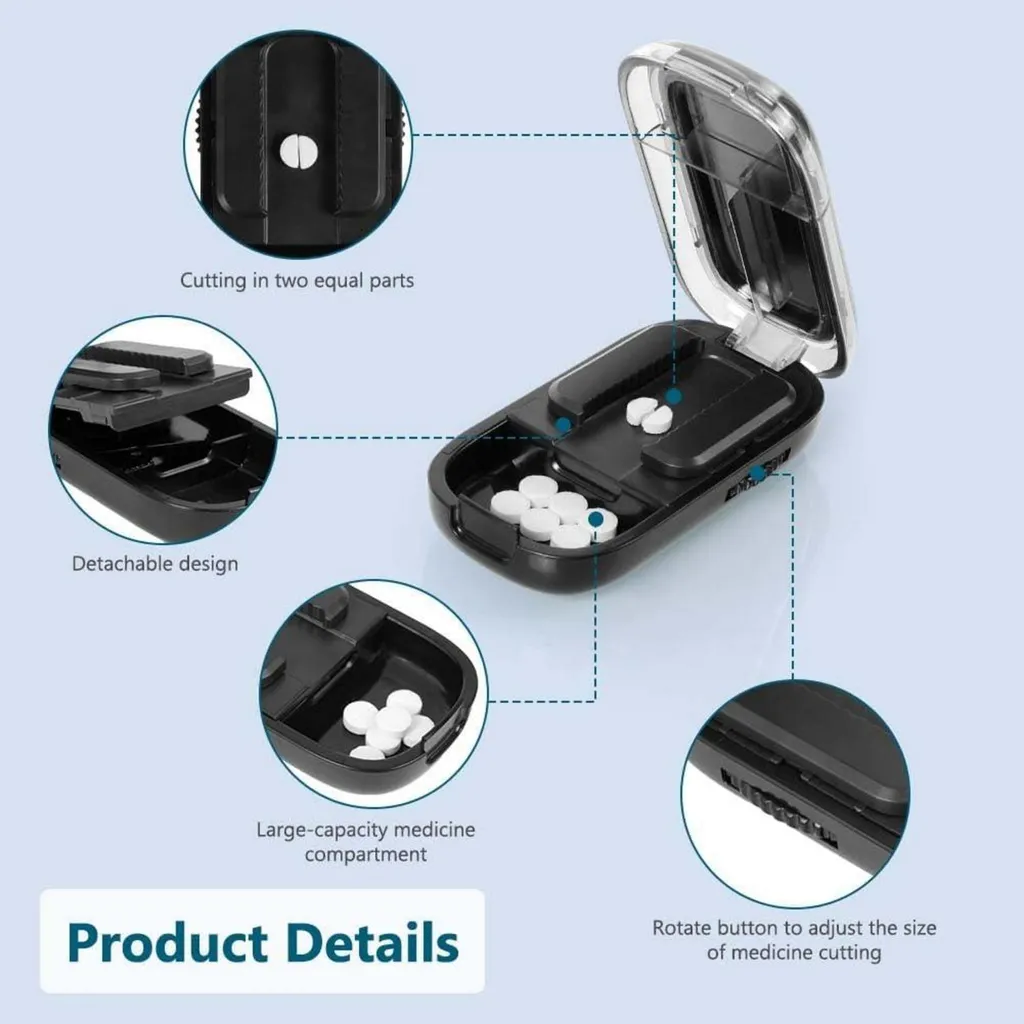 Coupe-comprimés compact avec lame acier et boîte de transport noire