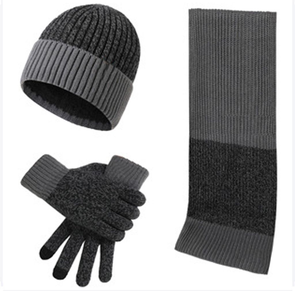 Winter 3-in-1-Set, zweifarbige Jacquard-Touchscreen-Handschuhe, Strickmütze, langer Schal für Männer und Frauen