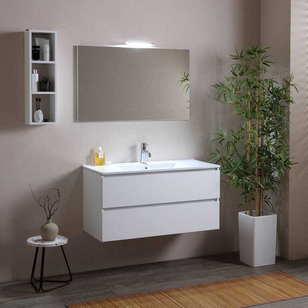 Badezimmermöbel-Set 100 cm mit Schubladen, Waschtisch, Lampe und Spiegel | Berlin